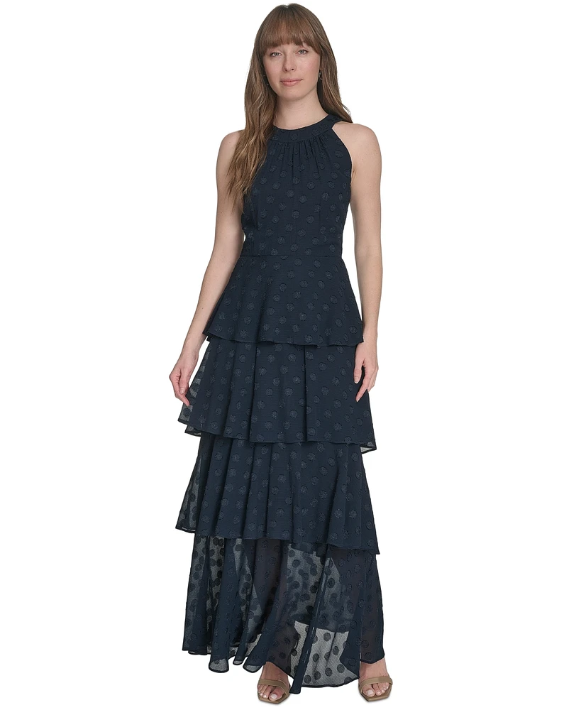 Tommy Hilfiger Women's Jacquard Halter-Neck Sleeveless Tiered Dress