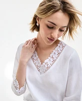 Charter Club Women's 100% Linen Lace-Edge 3/4-Sleeve Top, Exclusively at Macy's