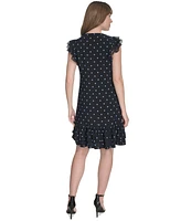 Tommy Hilfiger Women's Dot-Print Flutter-Sleeve Ruffled-Hem Chiffon Dress