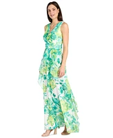 R & M Richards Petite Printed Ruffle-Trim-Overlay Dress