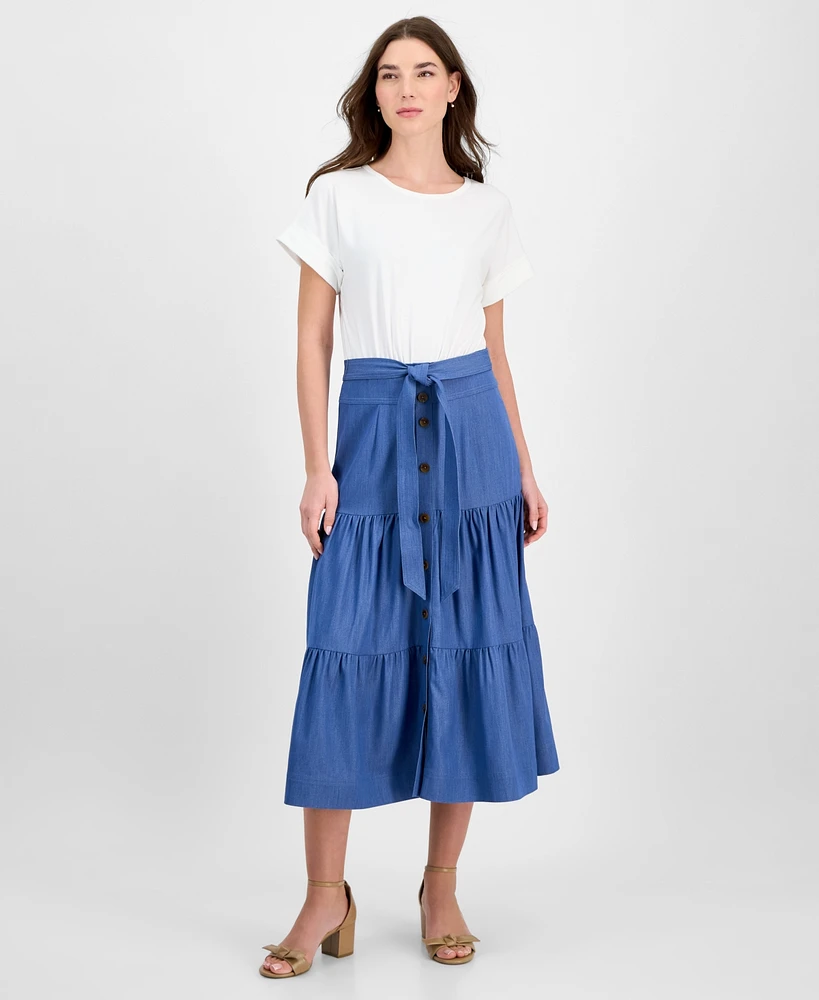 T Tahari Women's Mixed-Media Tiered Fit & Flare Dress