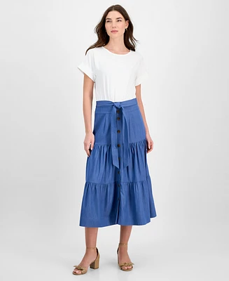 T Tahari Women's Mixed-Media Tiered Fit & Flare Dress