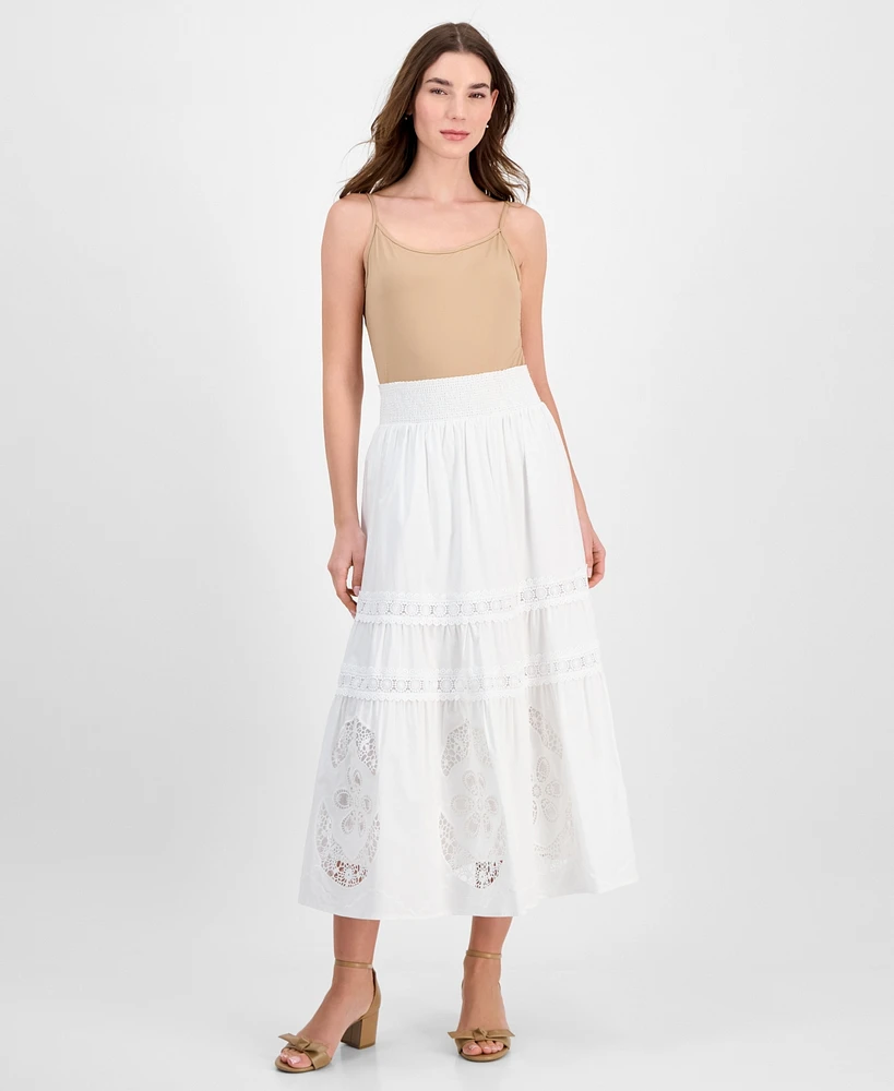 T Tahari Women's Cotton Embroidered Pull-On Maxi Skirt