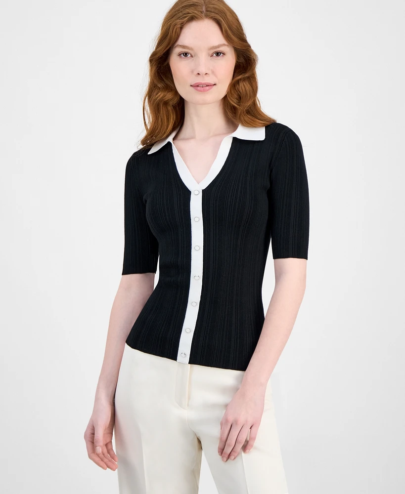 T Tahari Women's Split-Neck Contrast-Trim Sweater