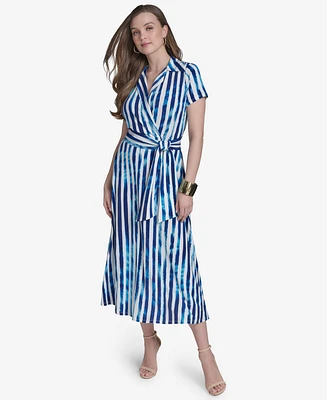 Halston Women's Printed Short-Sleeve Faux-Wrap Midi Dress