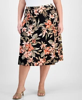 Kasper Plus Printed Pull-On Midi Skirt