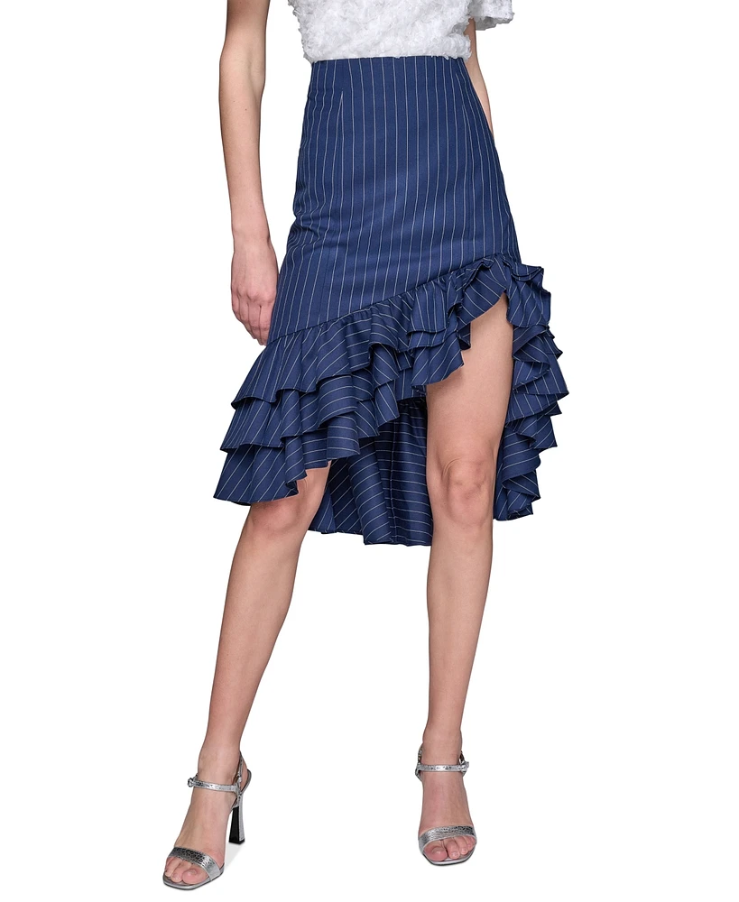 Karl Lagerfeld Paris Women's Pinstriped Asymmetrical Ruffled Skirt