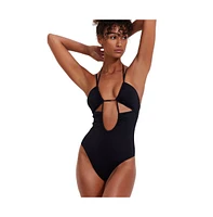 Flirrt Gottex Women's Solid Deep Plunge Cut Out Halter One Piece