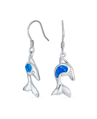 Bling Jewelry Created Blue Opal Inlay Nautical Ocean Marine Hawaiian Sea Life Dolphins Dangle Earrings .925 Sterling Silver Wire Fish Hook