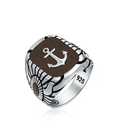 Bling Jewelry Nautical Etched Brown Wood Inset Large Boat Anchor Signet Ring Solid .925 Sterling Silver