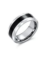 Bling Jewelry Simple Two Tone Black Center Couples Titanium Band Ring Silver Tone Beveled Edge 8MM