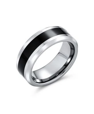 Bling Jewelry Simple Two Tone Black Center Couples Titanium Band Ring Silver Tone Beveled Edge 8mm