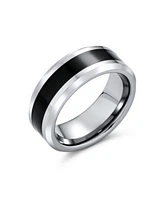 Bling Jewelry Simple Two Tone Black Center Couples Titanium Band Ring Silver Tone Beveled Edge 8MM