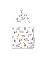 Hudson Baby Baby Boys Hudson Gown, Swaddle Blanket and Cap or Headband, Modern Neutral Safari, 0-6 Months