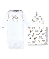 Hudson Baby Boys Gown, Swaddle Blanket and Cap or Headband, Modern Neutral Safari, 0-6 Months