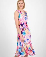 Robbie Bee Women's Floral-Print Cowlneck Fit & Flare Midi Dress