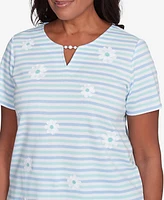 Alfred Dunner Petite St. Thomas Embroidered Daisy Striped Top
