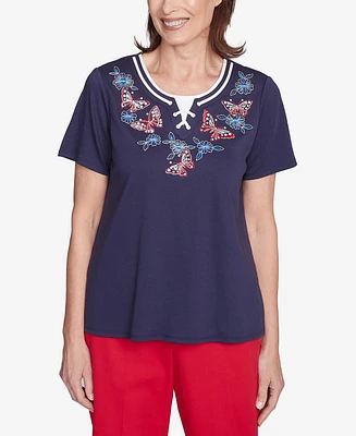 Alfred Dunner Women's Land of The Free Butterfly Crisscross Crew Neck T-Shirt