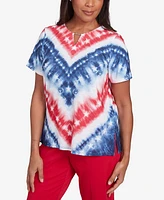 Alfred Dunner Women's Land of The Free Tie Dye American Chevron Keyhole Neck T-Shirt