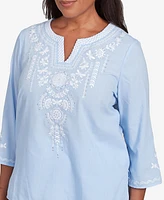 Alfred Dunner Women's St. Thomas Embroidered Sky Blue Round Neck Top