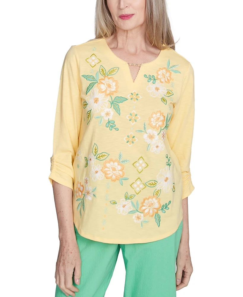 Alfred Dunner Women's Rise Shine Sunny Floral Embroidered Split Neck Top