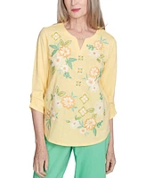 Alfred Dunner Women's Rise Shine Sunny Floral Embroidered Split Neck Top