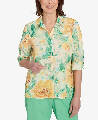 Alfred Dunner Women's Rise Shine Watercolor Floral Tie Sleeve Collared Neck Top