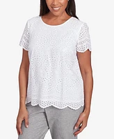 Alfred Women's Dunner Crystal Springs Eyelet Scalloped Hem Crew Neck T-Shirt