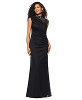 Betsy & Adam Petite Lace Trim Ruched Sleeveless Gown