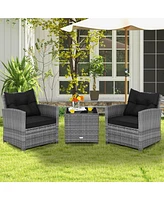 3PCS Patio Rattan Furniture Bistro Set Cushioned Sofas Side Table Armrest