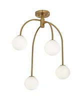 Clara 26" Mid Century Modern 4-Light Semi Flush-Mount Ceiling Light Fixture Kitchen Foyer Hallway Warm Brass Finish White Glass Bedroom Bathroom
