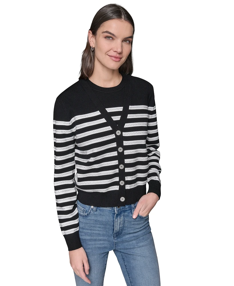 Karl Lagerfeld Paris Women's Striped Crystal-Button Cardigan