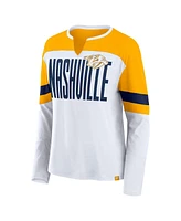 Fanatics Women's White/Gold Nashville Predators Frozen Long Sleeve Notch Neck T-Shirt