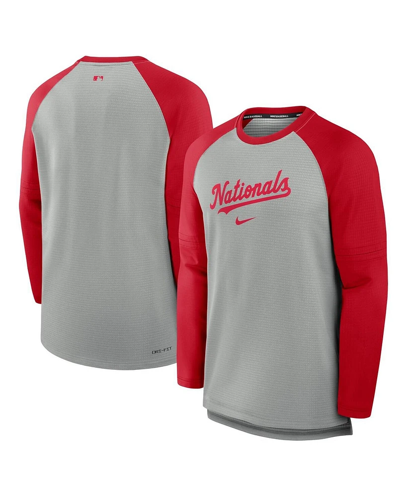 Nike Men's Heather Gray/Red Washington Nationals Authentic Collection Game Time Raglan Performance Long Sleeve T-Shirt