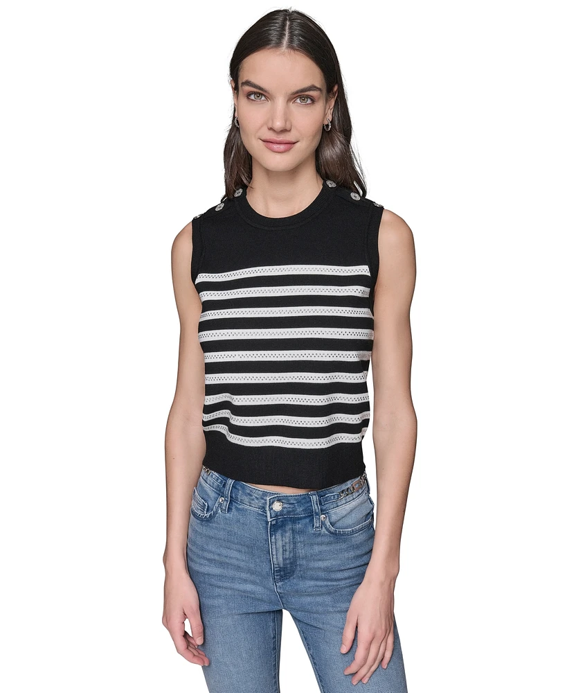 Karl Lagerfeld Paris Women's Striped Crystal-Button Sleeveless Sweater