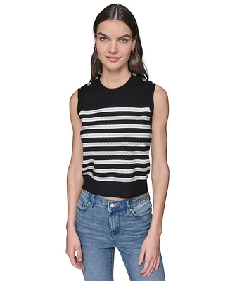 Karl Lagerfeld Paris Women's Striped Crystal-Button Sleeveless Sweater
