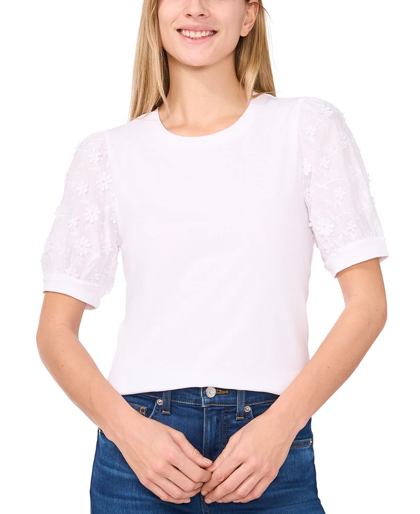 CeCe Women's Mixed-Media Puff-Sleeve Top
