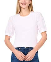 CeCe Women's Mixed-Media Puff-Sleeve Top