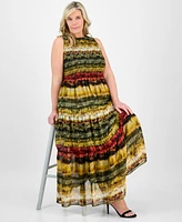 Anne Klein Plus Printed Smocked-Bodice Tiered Dress