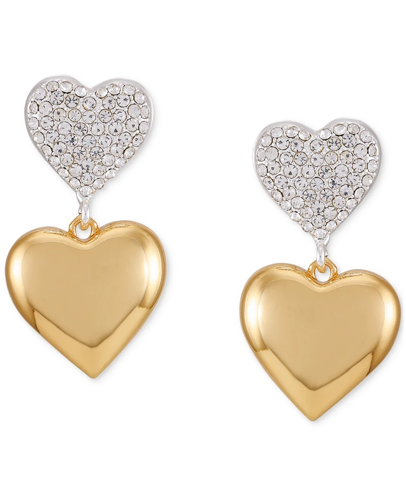 Guess Two-Tone Pave Crystal Heart Drop Earrings