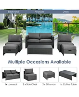 6PCS Patio Rattan Furniture Set Space Saving Cushioned Fully Assembled