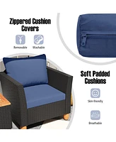 3PCS Outdoor Patio Rattan Furniture Set Wooden Table Cushioned Sofa