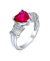 Bling Jewelry Art Deco Style 2.5CT Red Pink Heart Solitaire Cz Promise Ring Baguettes Side Stones .925 Sterling Silver