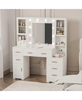 Dyhome Vanity Desk with Mirror and Lights and Charging Station with 7 Drawers & 3 Cabinets