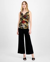 Anne Klein Women's Printed Ruched Draped-Neck Mesh Top