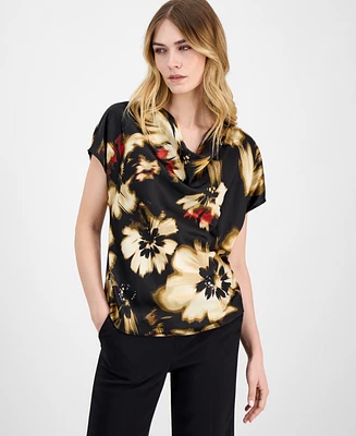 Anne Klein Women's Floral-Print Cowlneck Short-Sleeve Blouse, Created for Macy's