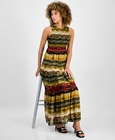 Anne Klein Women's Printed Smocked Sleeveless Maxi Dress