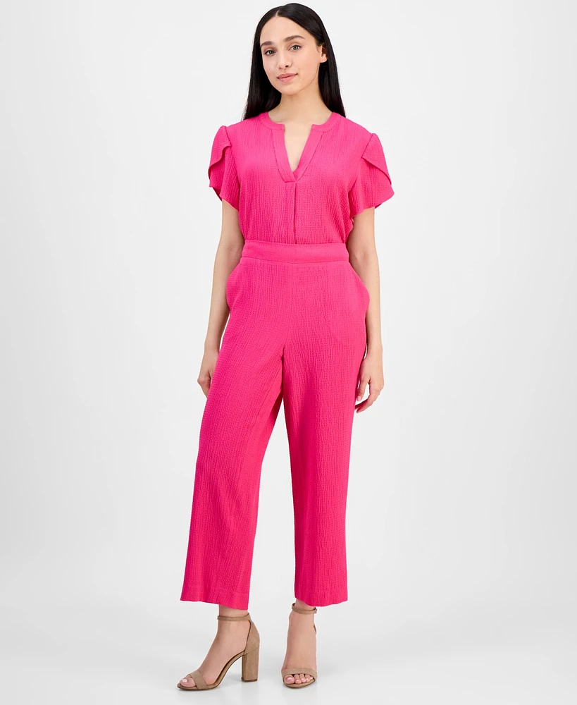 Ak Anne Klein Petite Textured Pull-On Mid-Rise Wide-Leg Pants