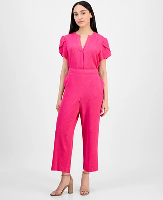 Ak Anne Klein Petite Textured Pull-On Mid-Rise Wide-Leg Pants