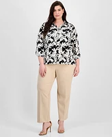 Ak Anne Klein Plus Button Roll-Tab Printed Blouse